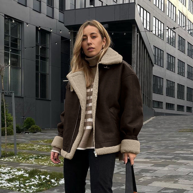 Loose Suede Lambswool Warm Vintage Jacket