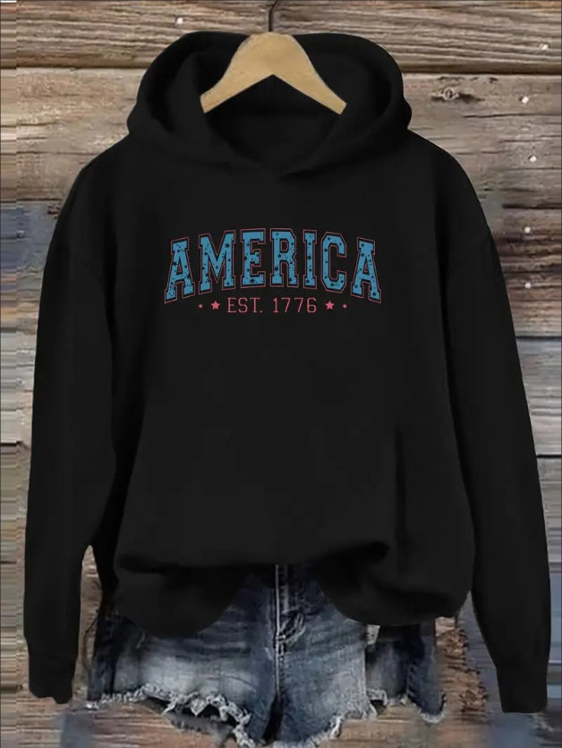 American Flag Print Long Sleeve Casual Hoodie For Women