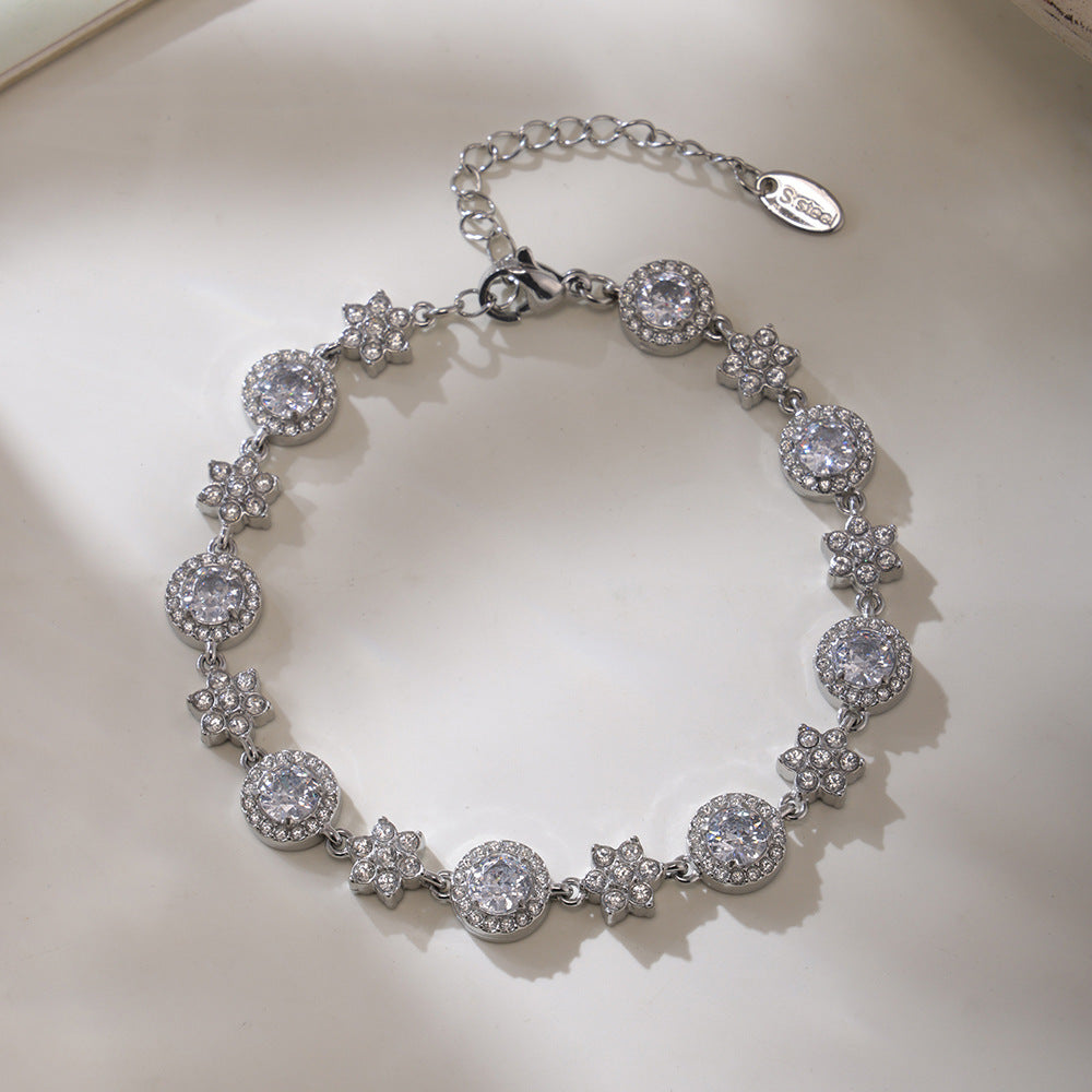 5A Zircon Six-leaf Flower Round Diamond Stainless Steel Plated 18K Gold Bracelet