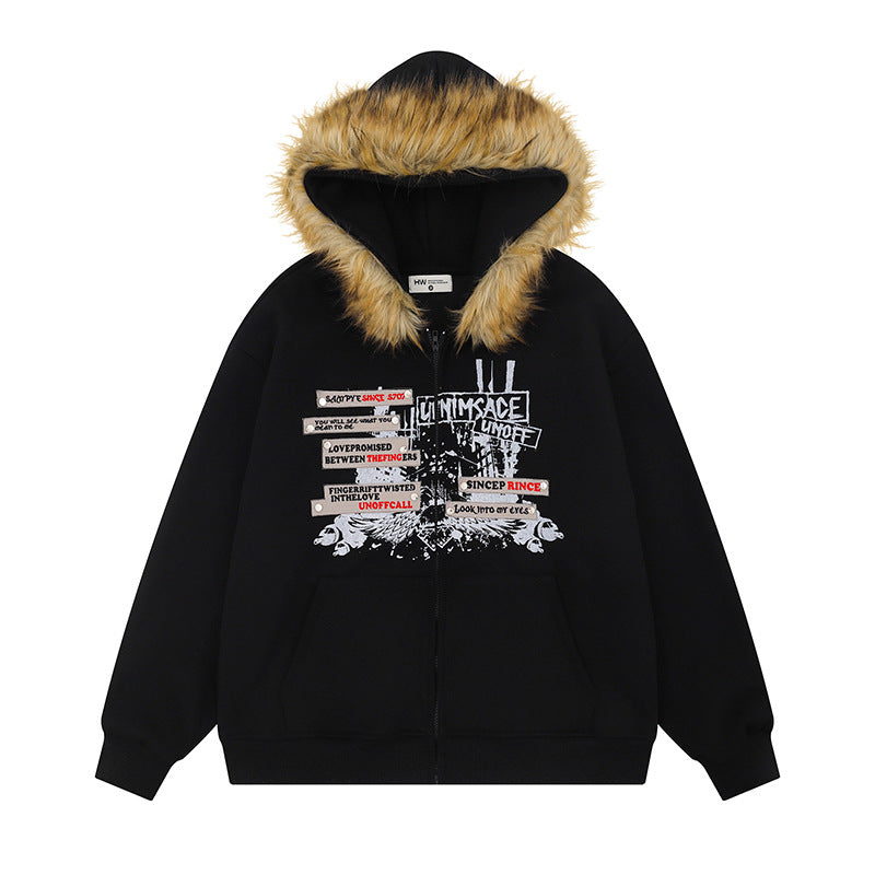 American High Street Decorative Rivets Fur Collar Cardigan For Women