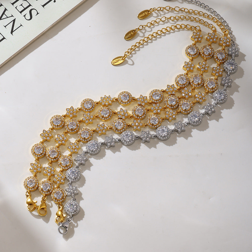 5A Zircon Six-leaf Flower Round Diamond Stainless Steel Plated 18K Gold Bracelet