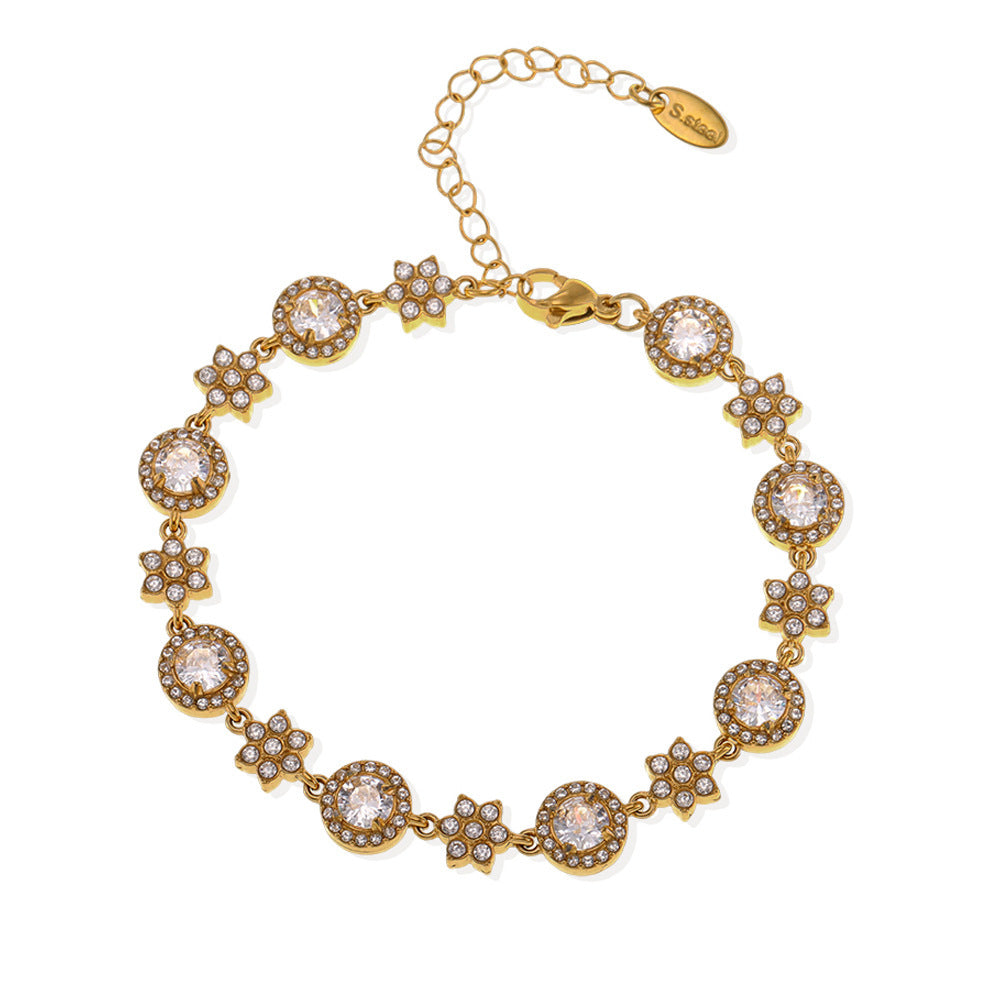 5A Zircon Six-leaf Flower Round Diamond Stainless Steel Plated 18K Gold Bracelet