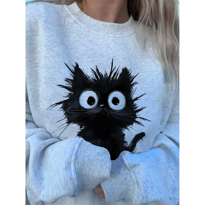 Women's Cute Kitten Graphic Sweatshirt, Fluffy Cat Letter Print Hoodie, Long Sleeve Crewneck Pullover Top