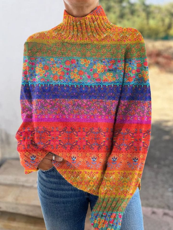Abstract Printing Casual Cloak Turtleneck Pullover Women