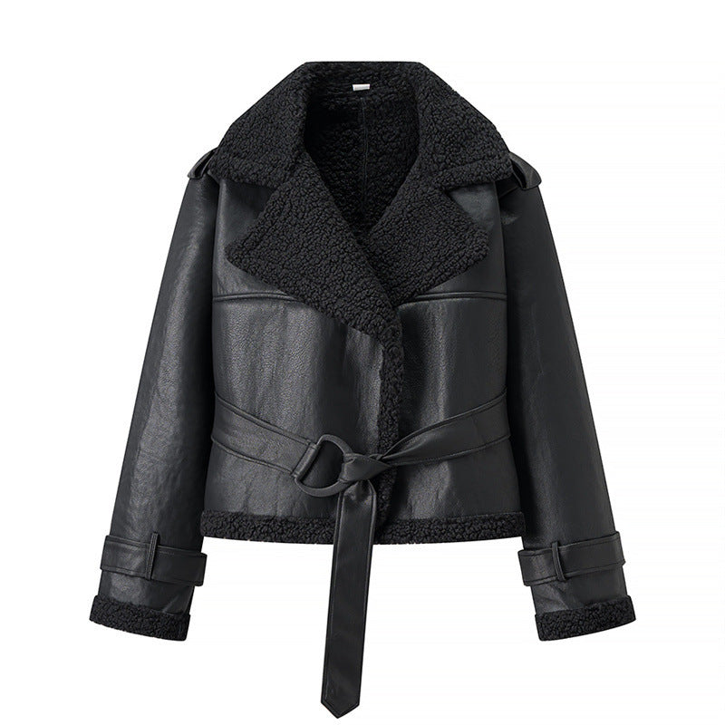 Autumn And Winter Short Flared Fur-Lined Coat With Collar