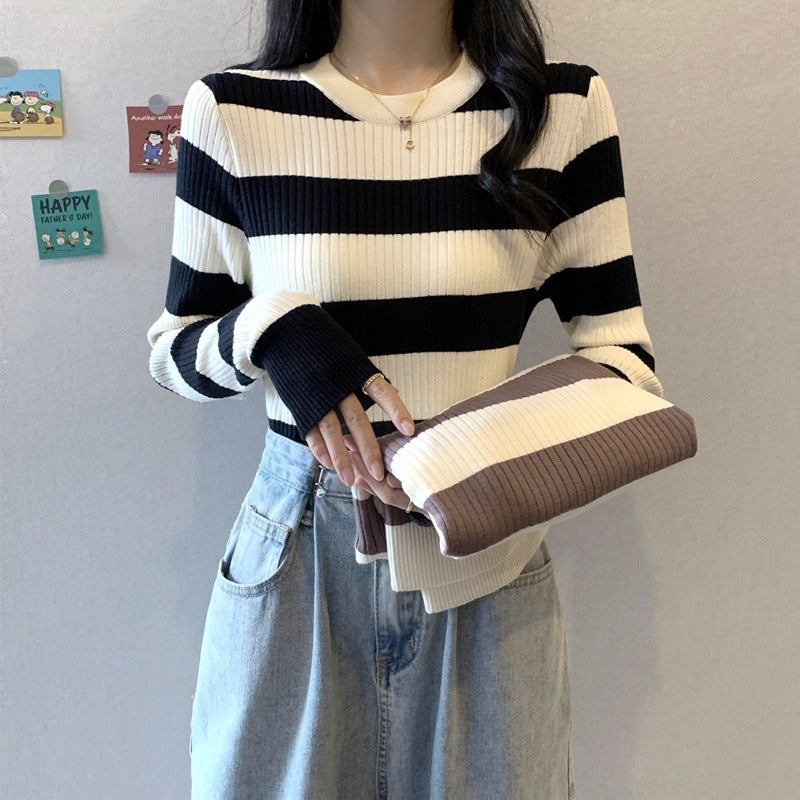 Striped Knitted Skinny Inner Match Women's Long Sleeve
