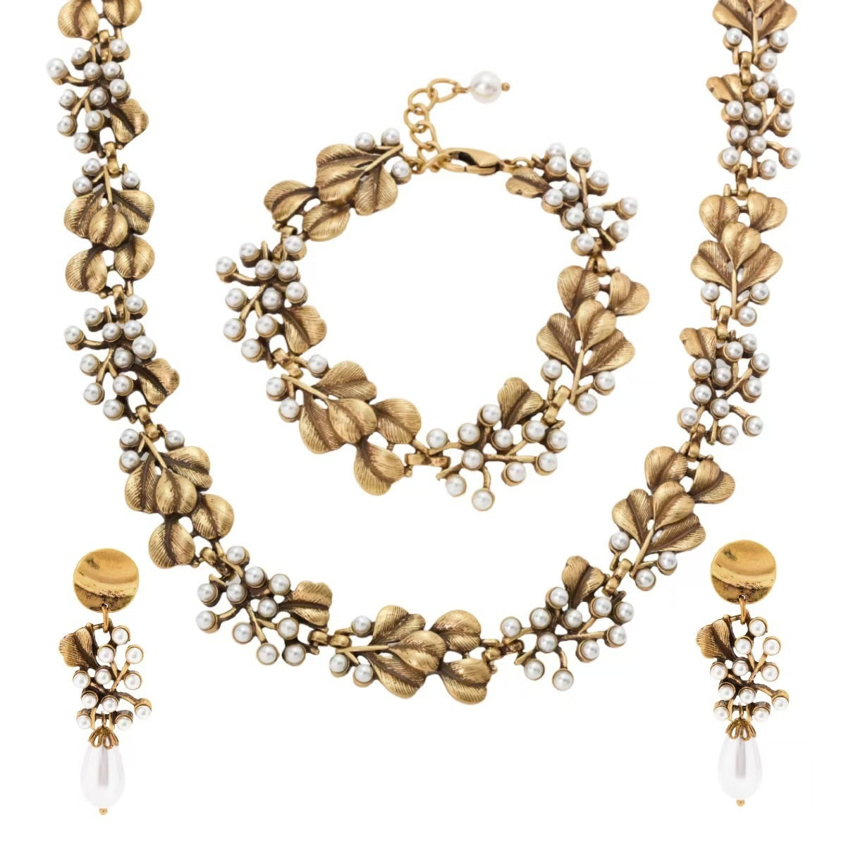 Mid-ancient Necklace Ginkgo Leaf Pearl Vintage Brushed