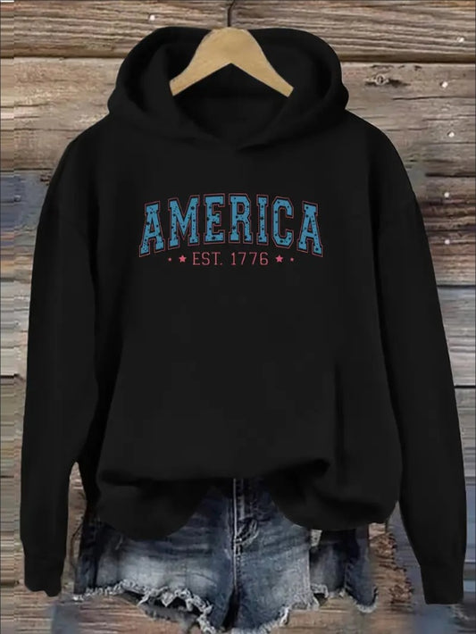 American Flag Print Long Sleeve Casual Hoodie For Women