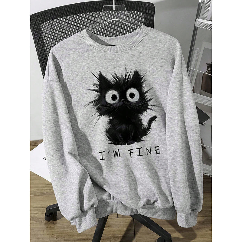 Women's Cute Kitten Graphic Sweatshirt, Fluffy Cat Letter Print Hoodie, Long Sleeve Crewneck Pullover Top