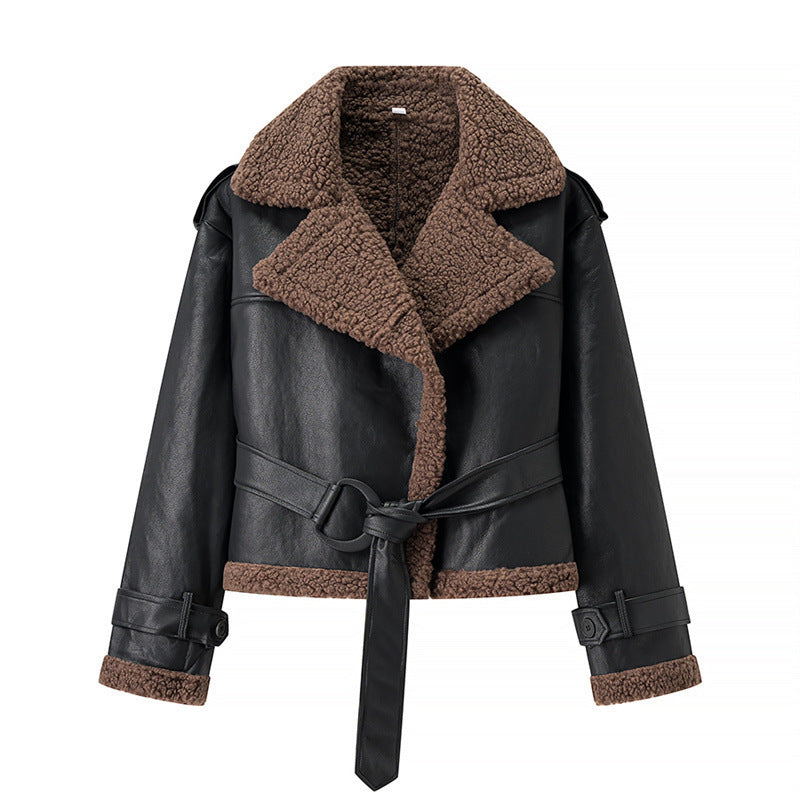 Autumn And Winter Short Flared Fur-Lined Coat With Collar