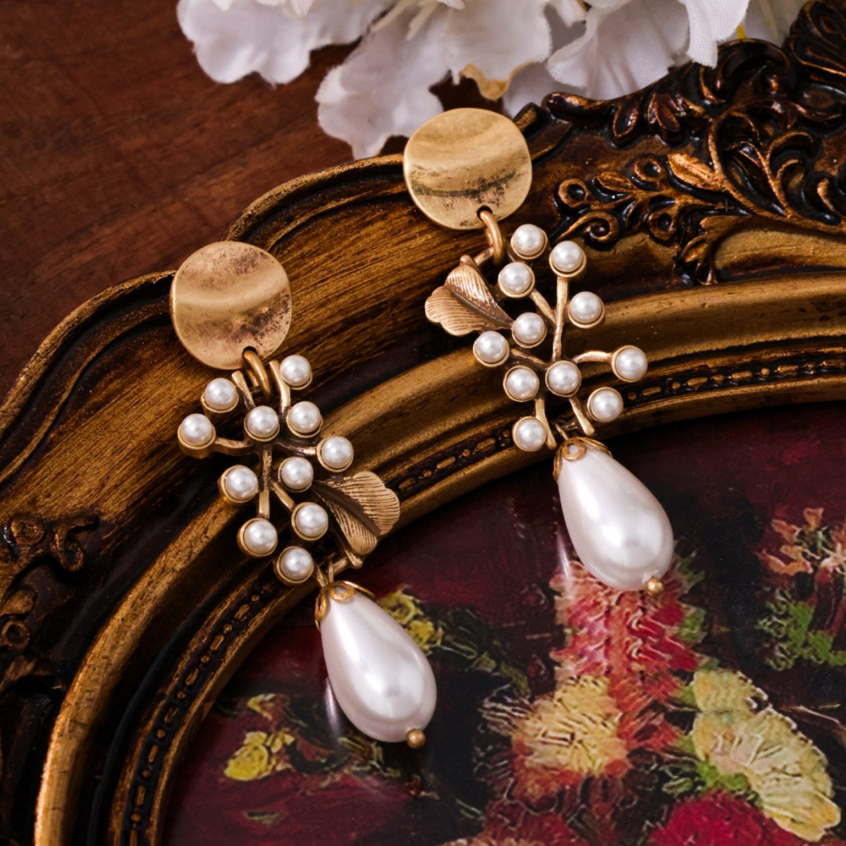 Mid-ancient Necklace Ginkgo Leaf Pearl Vintage Brushed