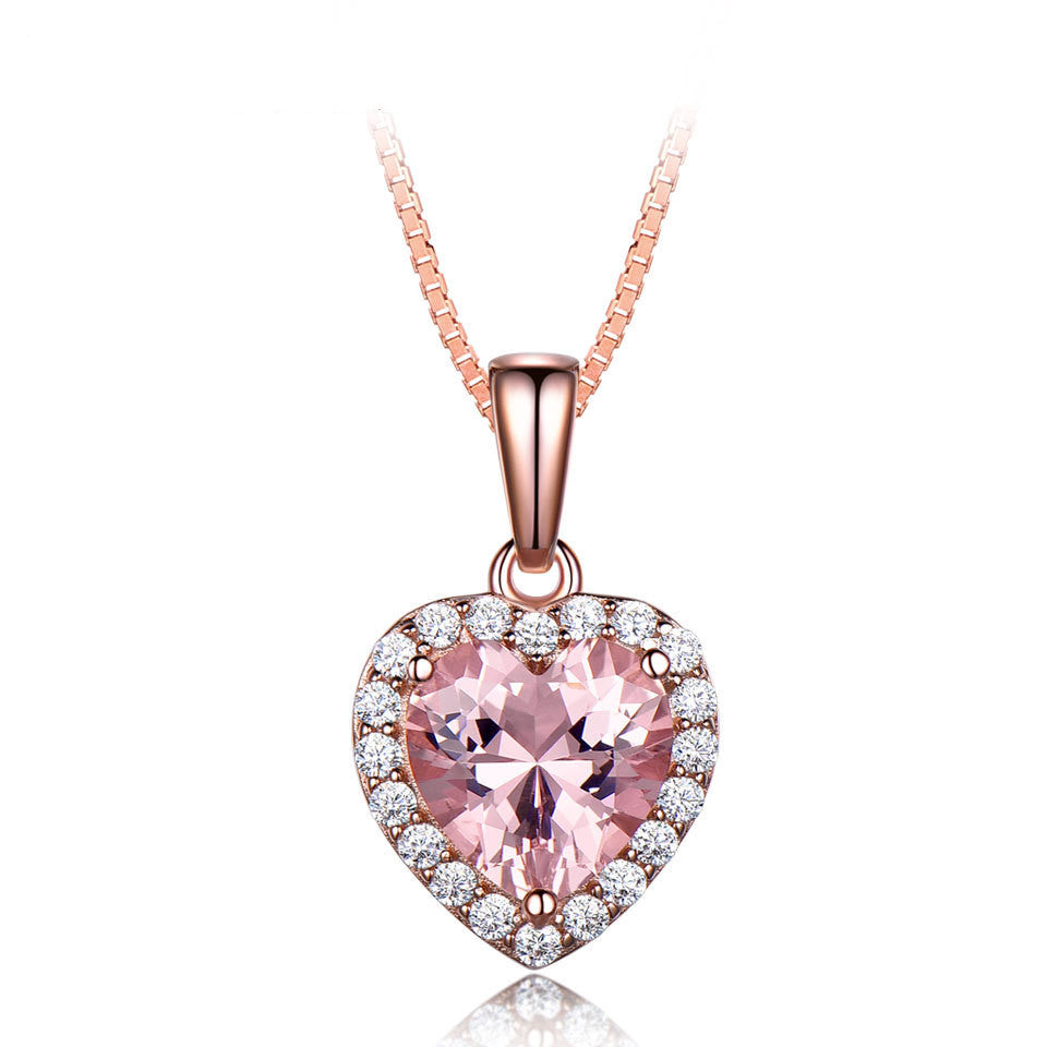 925 Sterling Silver Pendant Womens Fashion Rose  Morganite Charm Heart Pendant