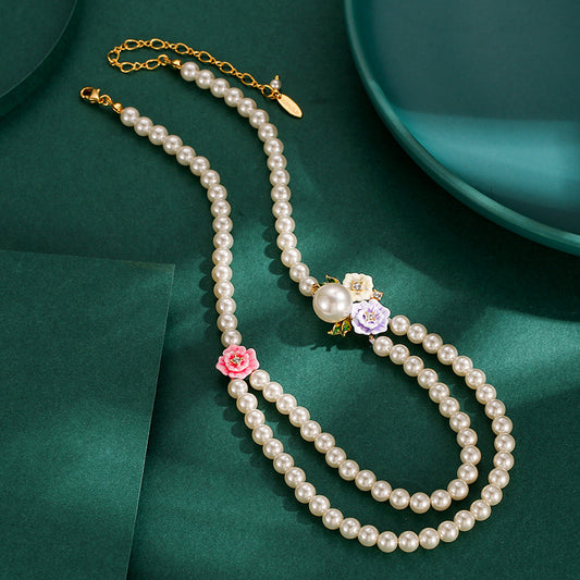 Enamel Glaze Diamond Three-color Rose Flower Double-layer Pearl Necklace Female