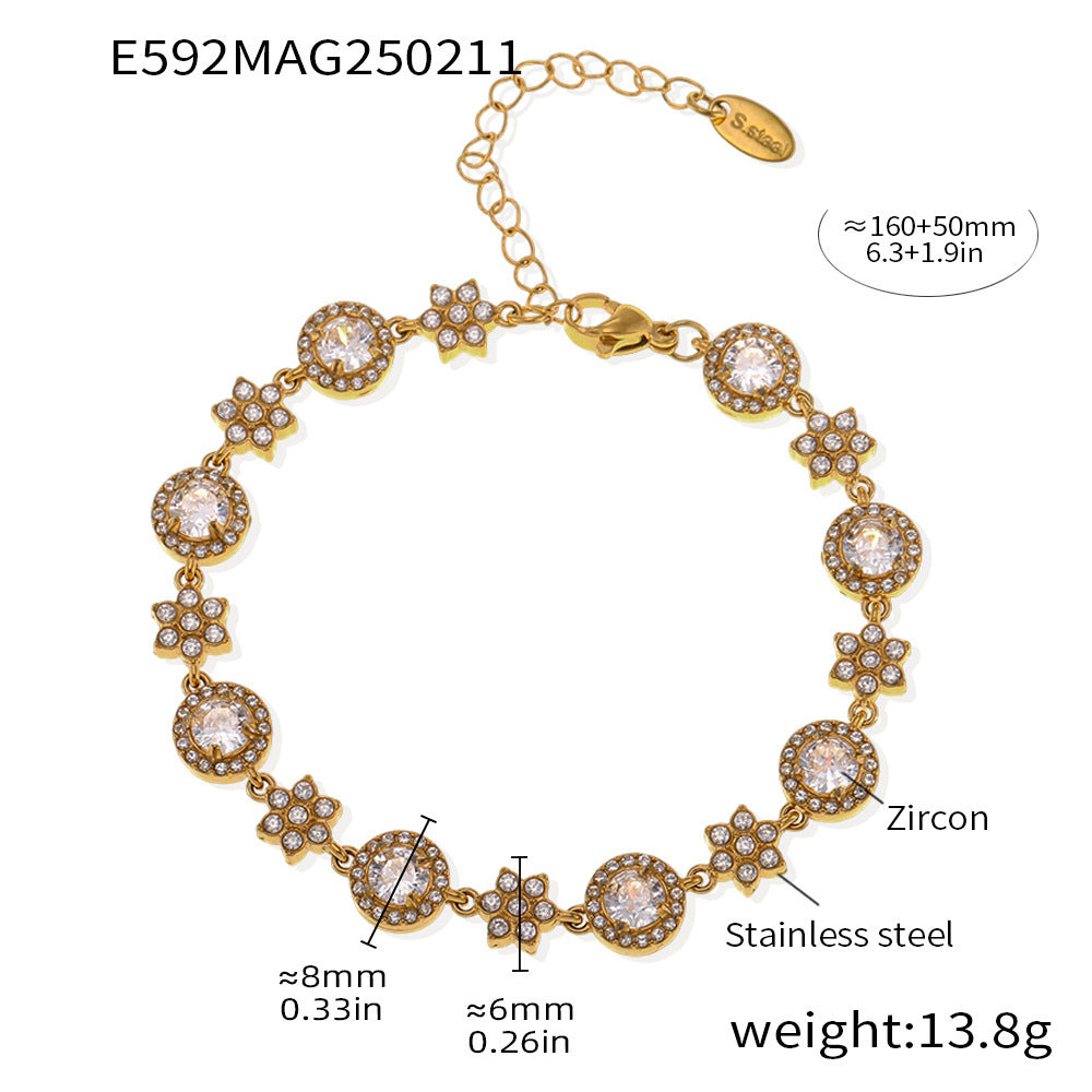 5A Zircon Six-leaf Flower Round Diamond Stainless Steel Plated 18K Gold Bracelet