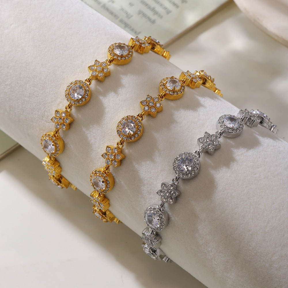 5A Zircon Six-leaf Flower Round Diamond Stainless Steel Plated 18K Gold Bracelet