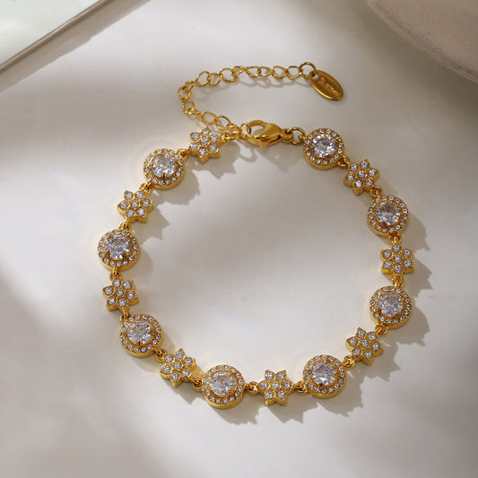 5A Zircon Six-leaf Flower Round Diamond Stainless Steel Plated 18K Gold Bracelet