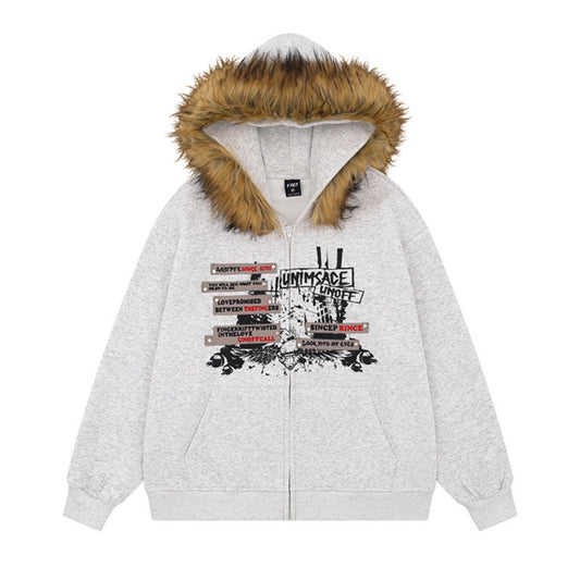 American High Street Decorative Rivets Fur Collar Cardigan For Women